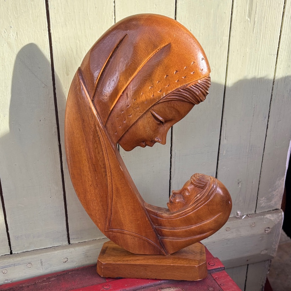 Vintage midcentury Virgin Mary and Jesus wood carving